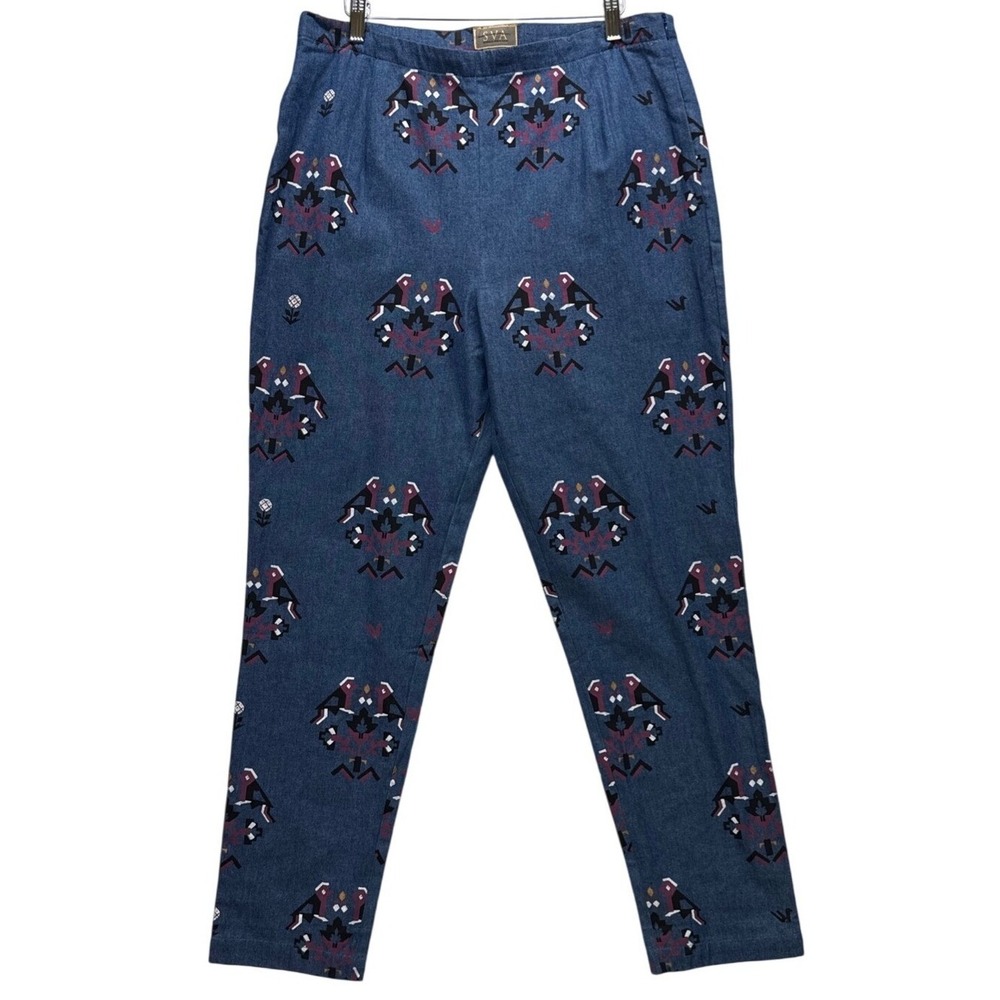 Anthropologie SVA Sonam Paras Modi Boho Bird Floral Blue Denim Pants Size 10 - Picture 3 of 16